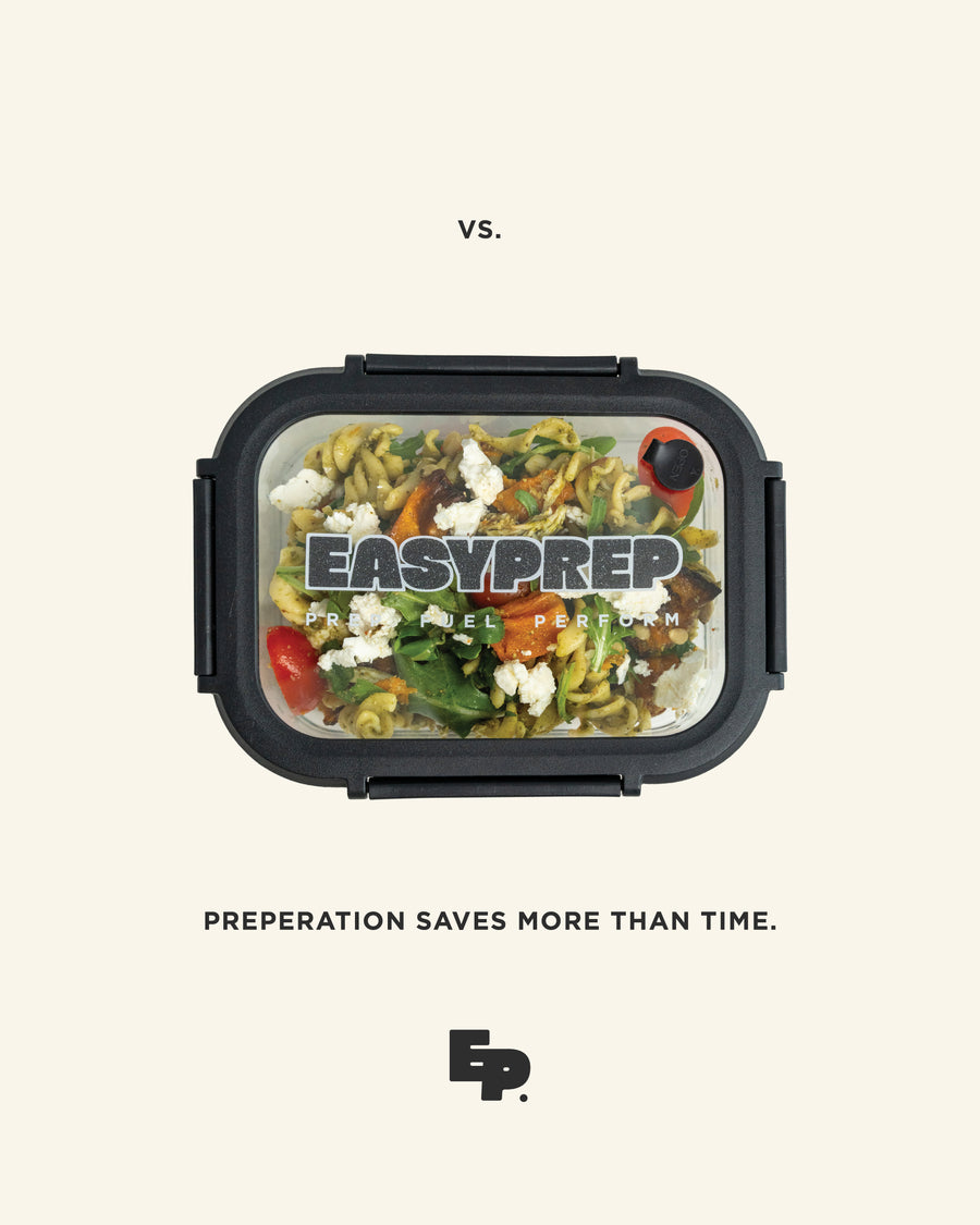 An Easy Prep glass container filled with a prepared meal. Preparation saves more than time.
