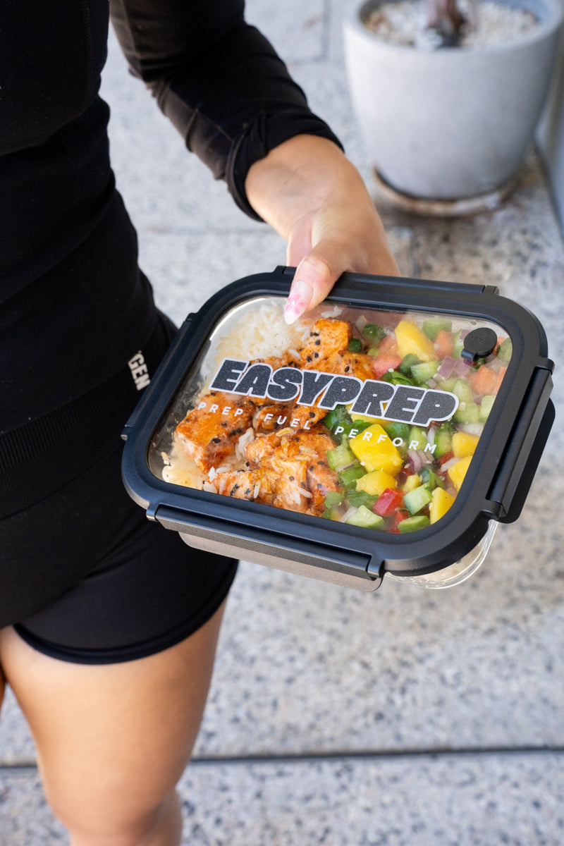 A prepared lunch in a charcoal Easy Prep container