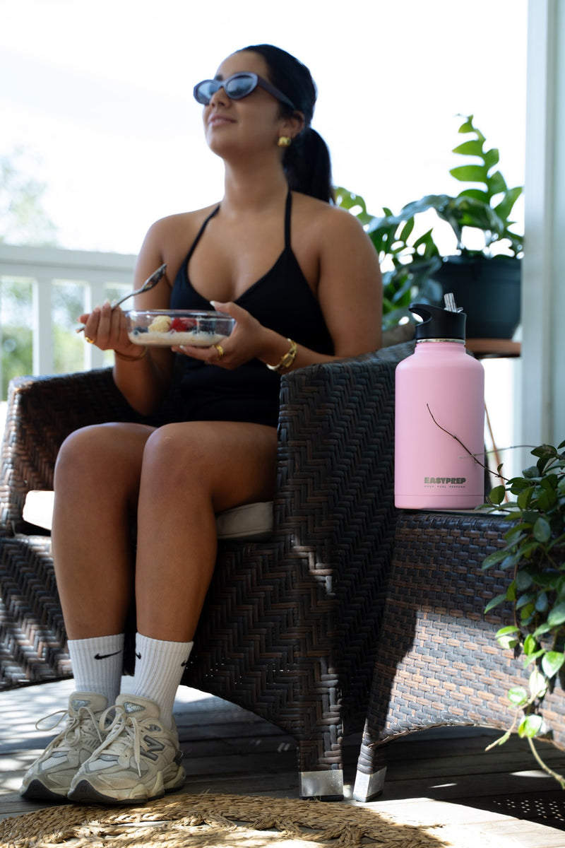 Enjoying a prepared breakfast with an Easy Prep bottle nearby