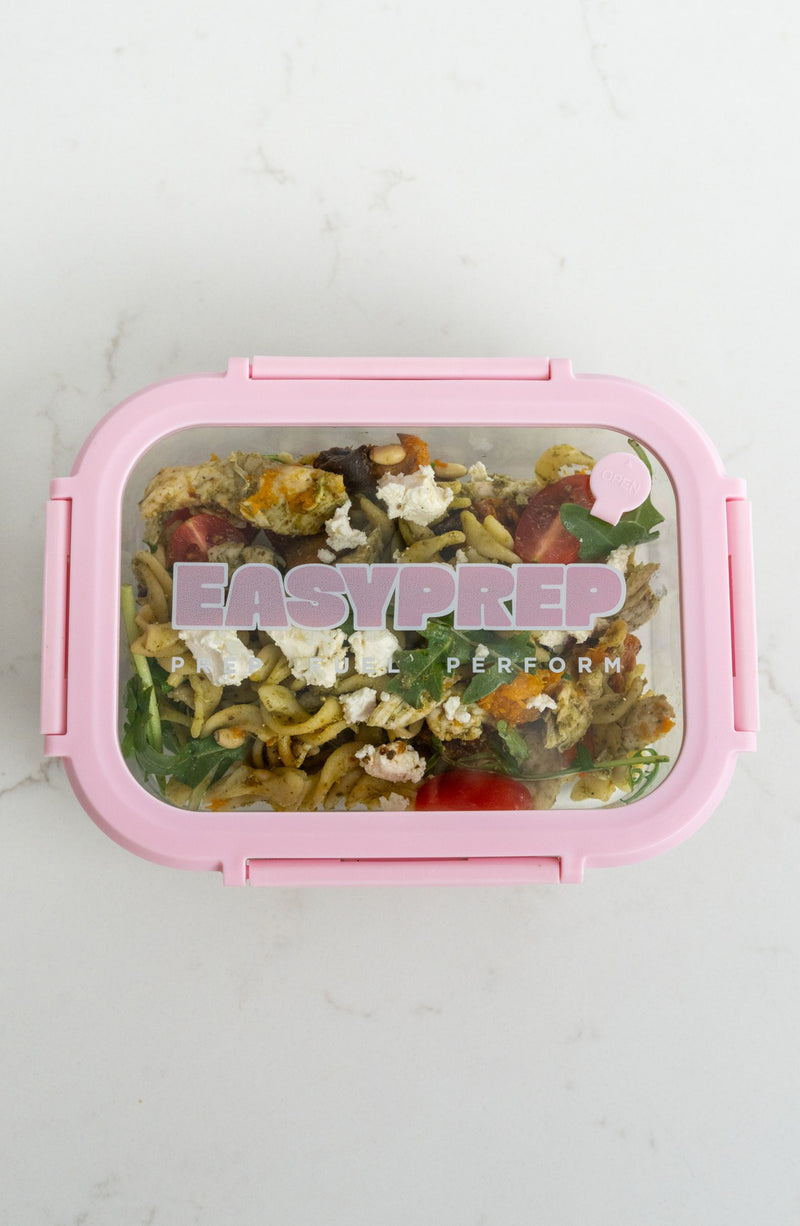 Pink Easy Prep container with a prepared meal